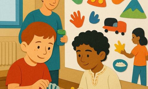 Un bambino di 8 anni, volto rotondo con lentiggini, capelli castano corti, espressione dolce e concentrata e leggero sorriso, tiene una conchiglia disegnata su carta e posa la sua impronta colorata accanto a una stella su un grande cartellone; vicino a lui un altro bambino di circa 8–9 anni, Amir, di origine medio-orientale, pelle olivastra e capelli ricci neri, in tunica chiara ricamata, disegna una piccola stella gialla e una ciotola di riso; la maestra trentenne con i capelli raccolti, sorridente e attenta, sta dietro di loro con vasetti di colore pronta ad aiutare; altri bambini sullo sfondo, di diverse etnie, aggiungono impronte e disegni (pizza, montagna, treno); ambiente: corridoio scolastico luminoso con finestra, termosifone, panca e tavolino coi colori, grande cartellone bianco al centro già pieno di disegni vivaci; scene di carta ritagliata con bordi leggermente strappati, ombre morbide, colori vivaci e contrastati (blu profondo, giallo caldo, rosso papavero, verde foglia), composizione semplice e atmosfera di condivisione e accoglienza.