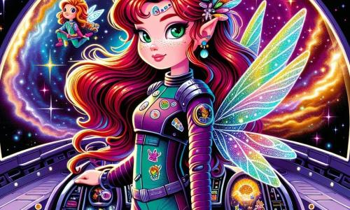 Lyra Starwhisper, a young woman with fiery red hair and sparkling emerald eyes, stands proudly on the deck of her spaceship, the Nebula Dreamer. She wears a colorful spacesuit adorned with stickers from her previous adventures, and her face radiates determination as she gazes at the starry horizon through the cockpit. Next to her, Faye, a small fairy with shimmering iridescent wings, joyfully flits about, her eyes twinkling with mischief and surrounded by a magical glow, ready to assist Lyra in her upcoming adventures. In the background, the ship is enveloped by the stunning Whispering Veil nebula, where vibrant shades of purple, gold, and blue dance together, creating a mesmerizing celestial display. Bright stars sparkle like diamonds against a black velvet backdrop, while floating islands emerge on the horizon. The main scene shows Lyra and Faye preparing to dive into a magical portal opening before them, a swirling vortex of light and colors, symbolizing the call to adventure and the mysteries awaiting them in unknown worlds.