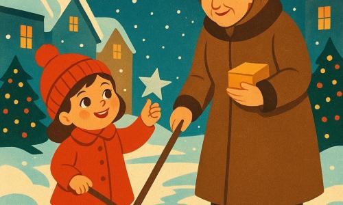 O fetiță de 4 ani, cu ochi căprui sclipitori și obraji roz, poartă cizmulițe roșii și un fes cu un ciucure, zâmbește vesel ținând o mică steluță argintie în mână. O doamnă în vârstă, de aproximativ 75 de ani, cu păr cărunt și un chip blând, stă lângă fetiță, poartă un palton gros și ține o cutiuță aurie, zâmbește călduros. Se află într-o alee acoperită de zăpadă, înconjurate de case cu acoperișuri acoperite de zăpadă, cu brazi decorați cu ghirlande luminoase. Scena principală arată fetița și doamna făcându-și drum prin zăpadă, cu fulgi care cad ușor în jurul lor, creând o atmosferă magică și festivă.