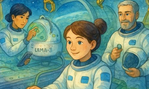 Lina, sorridente porém concentrada, rosto arredondado, olhos cor de oceano, cabelo castanho preso em coque, veste uma roupa espacial clara com emblemas azuis e guia um braço robótico com as mãos numa consola tátil; expressão determinada e calorosa. Mei, cerca de 30 anos, cabelo curto preto e olhar vivo, ajusta sensores do módulo Luma-3 com uma tablet à esquerda de Lina. Jonas, cerca de 40 anos, barba curta grisalha, capacete debaixo do braço, segura uma pequena pedra azul junto ao peito atrás à direita, observando com benevolência. Suri, cerca de 35 anos, rosto suave e cabelo trançado, desenrola uma fina grelha eletromagnética sobre um jardim em miniatura ao fundo, perto de uma clarabóia verde. Local: dock orbital Dock Verde com piso metálico rebitado, trilhos magnéticos, módulos translúcidos suspensos, grandes braços robóticos amarelos, painéis solares azulados e a curva da Terra ao horizonte. Situação: o módulo Luma-3, cápsula transparente de brilho violeta, alinha-se contra o arco do anel; vêem-se pequenos indicadores verdes, cabos flexíveis e leve condensação; ambiente colaborativo, tensão positiva e gestos precisos e calmos. Paleta: aquarela suave com azuis profundos, verdes esmeralda, toques de amarelo e violeta, luz terrestre suave criando sombras e reflexos.