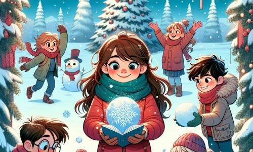 Noa, een 10-jarig meisje met lang bruin haar en roze wangen, draagt een dikke rode jas en een blauwe sjaal. Ze staat in het midden, glimlachend, met een boek in haar handen op de sneeuw. Rechts van haar staat Sam, een 9-jarig jongetje met een kort blond kapsel en een grote groene sjaal, die zijn armen in de lucht steekt, verwonderd door de vallende sneeuwvlokken. Links kijkt Mila, een 10-jarig meisje met krullend haar en een klein roze mutsje, gefascineerd naar een sneeuwvlok op haar hand. Finn, een 9-jarig jongetje met een bril en kastanjebruin haar, zit op de grond en maakt geconcentreerd een sneeuwbal. De achtergrond toont een betoverend winterlandschap met een grote kerstboom versierd met glinsterende slingers. De grond is bedekt met een dikke laag ongerepte sneeuw en zachte sneeuwvlokken vallen uit de heldere blauwe lucht. De kinderen spelen samen in de sneeuw, lachend en zich vermakend terwijl ze de schoonheid van de winter en de magie van de dansende sneeuwvlokken om hen heen ontdekken.