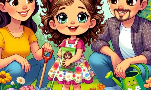 Uma menina de 6 anos, Sofia, está no centro da imagem, com grandes olhos brilhantes de curiosidade e um largo sorriso no rosto. Ela tem cabelos castanhos cacheados, presos em duas tranças, e veste um vestido colorido com estampas de flores. Sofia segura uma pequena pá de plástico e se inclina para plantar sementes no jardim. Ao lado dela, sua mãe, uma mulher de cerca de 30 anos, com cabelos longos e lisos, vestida com uma camiseta amarela e calças jeans, a encoraja com um sorriso caloroso, agachada e segurando um pacote de sementes. Um pouco mais longe, seu pai, um homem de cerca de 35 anos, com uma barba leve e usando uma camisa xadrez, rega as plantas com um bonito regador verde, olhando para a filha com orgulho. O jardim é luminoso e acolhedor, cheio de flores coloridas, vegetação luxuriante e borboletas voando no ar. O céu é azul com algumas nuvens brancas fofas, criando uma atmosfera alegre e ensolarada. Sofia e seus pais estão plantando flores juntos, aproveitando um momento de compartilhamento e descoberta em um ambiente natural enriquecedor.
