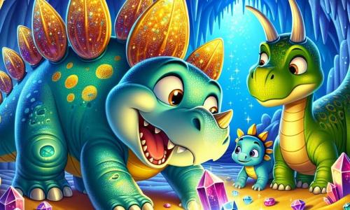 A stegosaurus named Spike, with a back covered in shiny, colorful plates, stands at the center of the scene, his eyes sparkling with excitement and a wide smile on his face. Next to him, Trixie, a triceratops with majestic horns and green skin, looks up with curiosity, observing a shimmering treasure of gems and crystals. Dino, a long-necked diplodocus with bluish skin, leans in to admire the treasures, his expression one of wonder and joy. 

The setting unfolds in a magical cave, illuminated by sparkling crystals on the walls, creating a fairy-tale atmosphere. Vividly colored rock formations surround the group, while a path of golden sand leads them to a glittering treasure at the center of the cave. 

The main situation shows Spike and his friends discovering a hidden treasure, featuring sparkling gems and the legendary Crystal of Wisdom, symbolizing the adventure and friendship that unite them.