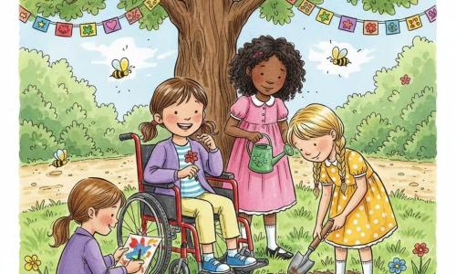 Four 6-year-old girls—Lily (brown hair in pigtails, shiny red wheelchair, smiling) at center-left planting a seed; Daisy (blond braided hair, yellow polka-dot dress) to Lily’s right digging with a small trowel; Rose (curly black hair, pink dress) behind Lily holding a small green watering can; Violet (light brown hair, purple jacket) front-left painting a large red-and-blue paper flower—are in a spring park with textured green grass, a light gravel path, a large oak with tender green leaves and colorful paper garlands, a dark moist planting bed, and yellow butterflies and round bees, preparing a garden for a spring festival with seed-sowing, watering and paper decorations in a bright, vibrant scene with visible ink lines, watercolor textures and radiant smiles.
