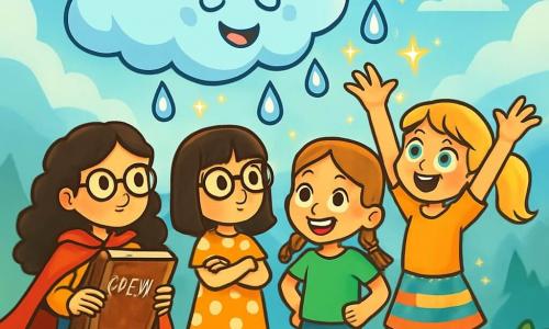 There are 4 children: - Penelope: A 9-year-old girl with long curly hair and round glasses. She wears a red cape and holds an ancient book, displaying a determined expression. - Tilly: A 9-year-old girl with straight hair and oversized glasses. She wears a polka dot dress and looks at the cloud with curiosity, arms crossed. - Hazel: A 9-year-old girl with auburn braided hair. She wears a green t-shirt and shorts, showing a playful smile, ready to solve the mystery. - Mabel: A 9-year-old girl with blonde hair in a ponytail. She wears a colorful skirt and raises her arms in enthusiasm in front of the cloud. The children stand on a green peak of the Misty Mountains, surrounded by light mist and colorful flowers. Above them, a playful cloud named Nimbus, with a smiling face, juggles sparkling raindrops. The main scene shows the children confronting Nimbus to retrieve the stolen spell book, with determined and joyful expressions on their faces, while magical light sparkles dance around them.