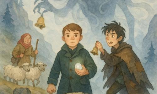 A determined round-faced teenage boy (Rowan, ~16) with short chestnut hair and a dark green captain's coat firmly holds a milky glass stone glowing with a pale halo, staring ahead on a narrow stone arch; a mischievous yet worried black-haired boy (Finn, ~15) in a makeshift cloak strikes a small bright bell from the arch's edge, ready to help; a weathered shepherd woman (Maera, ~45) with a red headscarf and walking staff smiles with relief while guiding sheep in the background on the path down from the arch; the Mist Collector, a tall floating silhouette of gray cloud and translucent swirls with pale lantern eyes and slender hands, looms threateningly as it tries to seize the stone; setting: a high narrow mountain pass with two rune-carved stone pillars joined by a low arch over a deep gorge of spiraling mist, cold blue sky and dark pines; scene: dramatic confrontation as Rowan places the stone on a central rune while Finn rings the bell and the shepherds and sheep cross the restored bridge behind; visual style: soft yet contrasted watercolor, bluish-gray washes for the mist, warm accents on characters, granular stone textures and subtle transparency for the Collector.