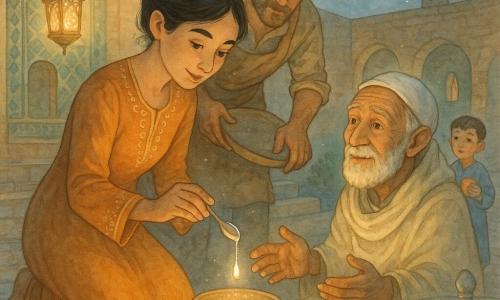A young woman named Layla with a gentle face, light olive skin, black hair in a bun, wearing a long saffron dress with gold embroidery, pours a drop from a small glass vial with a silver spoon into a bowl; an elderly man, Hassan, about 75, short white beard, tired but grateful eyes, wrapped in a cream shawl, sits on a cushion near a low minbar watching her with emotion and slightly outstretched hands; a potter, Nadir, about 40, with clay-stained clothes and earthy hands, stands behind her, hand resting on a large ceramic dish for support; a six-year-old boy in a simple pale-blue robe holds an orange and watches wide-eyed by a low fountain; the small mosque courtyard has warm stone paving, blue-green ceramic mosaic tiles, a brass lantern casting golden light, ochre brick walls, small arches and a distant minaret under a silver full moon, as the single glowing drop of the 