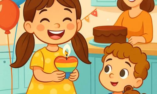 A 6-year-old girl named Maya, with long brown hair in pigtails, smiles joyfully, her eyes sparkling with happiness. She wears a cute yellow polka dot dress and rainbow boots, holding a colorful candle in her hands. Next to her, her 3-year-old brother Max, with curly hair and a blue t-shirt, gazes at the candle in awe, clutching his teddy bear. In the background, their smiling mother, with brown hair, prepares a chocolate cake on a table decorated with colorful balloons and sparkling garlands. The scene takes place in a bright kitchen filled with birthday decorations, creating a joyful and festive atmosphere. Surrounded by her family, Maya is ready to blow out her candle, eager to make a magical wish.