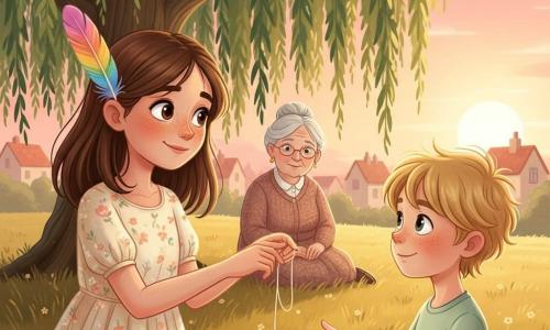 A smiling, dreamy 6-year-old girl, Isla, with mid-length brown hair, sun-freckled fair skin and large bright eyes, tucks a multicolored feather behind her ear and gently offers it on a small string; a roughly 6-year-old boy, Milo, with messy blond hair, freckles and a pale green T-shirt reaches with open hands in wonder; an elderly woman of about 70 with gray hair in a bun and a kind smile sits by the willow trunk in the background. Scene at a weeping willow on the edge of a golden meadow at sunset, pink-peach sky, warm soft light, long shadows, village tile roofs in the distance, hanging branches and swaying grass. The exchange is tender and symbolic, calm and hopeful, composition centered on the hands and feather with textured details (string fibers, pearly sheen). Graphic style: saturated yet soft colors, smooth gradients, slightly rounded outlines and subtle fabric and bark textures.