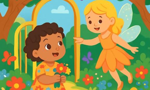 Uma menina de 2 anos, com cabelos cacheados e olhos brilhantes de curiosidade, está em frente a um arco dourado, seu rosto radiante de espanto. Ela usa um vestido florido e segura um pequeno buquê de flores em suas mãozinhas. Ao lado dela, uma pequena fada de cerca de 5 anos, com cabelos dourados e um vestido feito de pétalas, sorri enquanto lhe mostra o caminho para o jardim mágico. O jardim está cheio de flores vibrantes, árvores com troncos tortuosos e borboletas coloridas que voam ao redor. A menina observa fascinada as árvores que parecem sussurrar segredos, enquanto a fada a convida a entrar nesse mundo encantado.