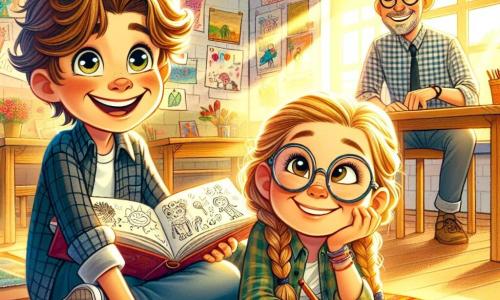 Um menino de 8 anos, Léo, com cabelos castanhos bagunçados e olhos brilhantes de curiosidade, está sentado em um tapete colorido em uma sala de aula iluminada. Ele sorri amplamente, segurando um caderno cheio de desenhos e escritos, mostrando seu entusiasmo por atividades sem tela. Ao lado dele, uma menina de 8 anos, Emma, com cabelos loiros trançados e óculos redondos, está desenhando em uma grande folha de papel. Ela olha para Léo com um sorriso cúmplice, compartilhando o momento de criatividade. Um pouco mais longe, o professor, um homem de quarenta e poucos anos com óculos e uma camisa xadrez, observa as crianças com benevolência, incentivando-as a explorar suas ideias. A cena ocorre em uma sala de aula decorada com pôsteres coloridos e desenhos de crianças nas paredes, com mesas de madeira e almofadas espalhadas pelo chão. A luz do sol entra pelas janelas, criando uma atmosfera acolhedora. A situação principal mostra Léo e Emma compartilhando suas experiências criativas, cercados por seus colegas, todos envolvidos em atividades manuais e alegres, celebrando a descoberta de um mundo sem telas.