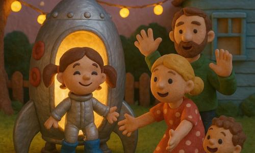 A smiling proud little girl with brown pigtails, shiny blue boots and a silver suit steps out of a small polished round rocket and runs into her family's arms: her mother with tied blonde hair in a red polka-dot dress reaches out, her bearded father in a green shirt waves warmly, and a curly-haired toddler in yellow pajamas runs laughing nearby; they stand in a grassy garden at sunset with a light-blue wooden house, blinking yellow string lights and pale stars in a violet sky, the rocket's warm light illuminating their faces in a joyful, tender moment.