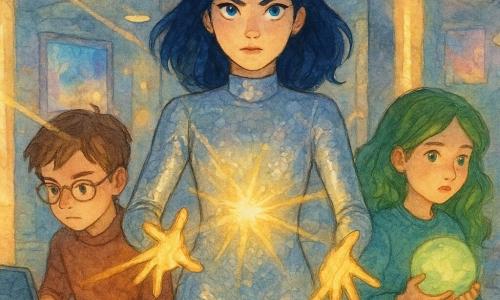 Una giovane donna, Astra Ordalia, con capelli blu scuro e occhi color elettrico, si trova determinata al centro dell'immagine. Indossa una tuta argentata che scintilla sotto le luci intense e dalle sue mani si proiettano raggi luminosi dorati. Accanto a lei, un ragazzo di 12 anni di nome Leo, con occhiali da ingegnere e un'aria concentrata, lavora su un piccolo computer portatile, regolando circuiti. Una ragazza di 11 anni, Zaira, con capelli verdi, tiene una sfera di schiuma luminosa, osservando attentamente l'ambiente circostante. Si trovano in una sala piena di specchi e schermi, con colonne di luce circolare attorno a loro. La situazione principale mostra Astra e i suoi amici mentre sventano i piani del sindaco Solaris, in una stanza dove le luci danzano freneticamente, creando un'atmosfera di tensione e magia.