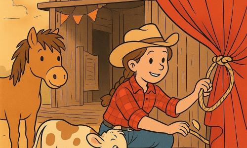 Clara ist eine junge, mutige, lächelnde Frau mit geflochtenen kastanienbraunen Haaren, rotem Karohemd und beigem Cowgirl‑Hut; sie hockt und hält mit kräftigen, präzisen Händen einen großen, im Wind flatternden, zerknitterten roten Vorhang mit sichtbaren Seilen und festem Knoten. Links von ihr steht Blitz, ein kompakter, fröhlicher hellbrauner Pony mit zerzauster Mähne, der einen Schritt nach vorn macht und sie anschaut. Vorne, nahe den Bodenbrettern, schnuppert ein cremefleckiges, neugieriges, schüchternes Kälbchen an Claras Hand. Der Saloon aus gealtertem Holz mit breiten Bohlen, sichtbaren Nägeln und offener Schlagtür; staubige Wimpel und weiches Sonnenlicht werfen warme Schatten. Stimmung friedlich und abenteuerlich, warme Farben, klare Konturen und sanfte Ausdrücke.