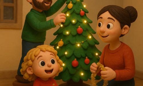 Een klein meisje van 2 jaar, Ella, met grote verwonderde ogen en blonde krullende haren, zit vrolijk op de grond bij een grote en stralende kerstboom. Ze houdt een rode kerstbal in haar kleine handen. Haar moeder, een vrouw van ongeveer 30 jaar met bruin haar in een knot, staat naast haar, glimlachend, met een gouden slinger in haar hand. Haar vader, een man van ongeveer 32 jaar met een korte baard en een bril, staat op een krukje om bovenin de boom versieringen op te hangen. De kamer is warm en uitnodigend, met crèmekleurige muren, een zacht tapijt en fonkelende kerstlichtjes die de scène verlichten. De situatie toont vooral Ella die met verwondering de magie van Kerstmis ontdekt, omringd door haar familie in een feestelijke en stralende sfeer.