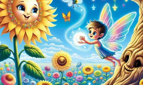Flixel, a small fairy creature with iridescent wings that shimmer like a rainbow, joyfully flies over a magical garden filled with colorful flowers dancing in the wind. His face radiates wonder and curiosity as he discovers a mysterious glowing object among the roots of a large oak tree. Next to him, a large smiling sunflower with golden petals leans toward Flixel, encouraging him with a kind expression. Further away, a colorful butterfly with delicate wings flutters around the flowers, adding a light touch to the scene while whispering sweet words to Flixel. The garden is an enchanting place, bathed in golden light, with flowers of all colors emitting joyful melodies and a clear blue sky dotted with fluffy clouds. The main scene shows Flixel, amazed, touching the Reflection Orb, which shines brightly, while the flowers and the sunflower watch him kindly, sharing a moment of discovery and wisdom.