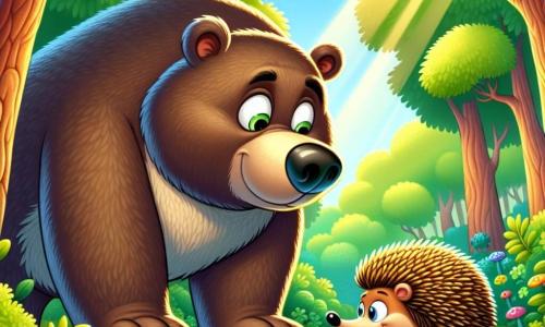 Orso Pancione, un grande orso bruno con una pancia rotonda e morbida, mostra un'espressione di determinazione e curiosità. È in piedi al centro della scena, annusando l'aria con il naso, alla ricerca di indizi sul miele scomparso. Alla sua destra, Riccio Birichino, un piccolo riccio con aculei dorati e occhi scintillanti, guarda Orso Pancione con un misto di eccitazione e nervosità, tenendo una piccola noce tra le zampe anteriori, pronto ad aiutare l'amico. La scena si svolge in una foresta verdeggiante, con grandi alberi dai tronchi spessi e foglie di un verde brillante. Fiori colorati punteggiano il terreno, e un dolce raggio di sole filtra tra i rami, illuminando il luogo. Orso Pancione e Riccio Birichino sono in piena indagine, scrutando il suolo alla ricerca di tracce di miele, circondati da un'atmosfera di avventura e mistero.