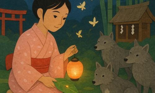 Aiko, joven japonesa de unos 16 años, rostro dulce y ojos curiosos, arrodillada ante una gran piedra en una clara nocturna; lleva un kimono simple con pétalos rosas, obi rojo, cabello negro en moño suelto y sostiene una pequeña linterna de papel con luz cálida; frente a ella, sobre una hoja grande, coloca arroz y recibe una semilla brillante, pequeña gota dorada; tres lobos grises de distintos tamaños, con pelaje en recortes de papel y ojos tranquilos (uno con mancha blanca en el pecho), permanecen en el borde del claro sin amenaza; al fondo, un pequeño santuario de madera con shide y un torii rojo entre bambús; suelo de musgo en capas recortadas, piedra central mullida, cielo nocturno azul profundo con estrellas de papel plateado y polillas de papel alrededor de la linterna; ambiente de paz y promesa; estilo collage de papel con bordes recortados, texturas granuladas y colores pastel (verdes musgo, rosas pálidos, rojos anaranjados suaves), composición clara y centrada para niños de 6 años.