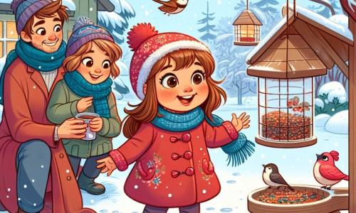 Una bambina di 5 anni, di nome Sofia, con lunghi capelli castani e guance rosate, indossa un bel cappotto rosso e un berretto di lana. È piena di entusiasmo e sorride mentre osserva degli uccelli colorati che beccano semi in una mangiatoia che ha costruito. Accanto a lei, sua madre, una donna di circa trent'anni con capelli castani raccolti in un chignon, indossa una sciarpa blu e guarda con orgoglio sua figlia, tenendo in mano una tazza di cioccolata calda. Un po' più in là, suo padre, un uomo di circa trent'anni con una barba corta e un berretto di lana, sta riempiendo un'altra mangiatoia con semi, sorridendo alla sua famiglia. La scena si svolge in un giardino innevato, dove la neve scintilla sotto il sole invernale, circondato da alberi con rami carichi di neve. Fiocchi di neve cadono dolcemente dal cielo, aggiungendo un tocco magico all'atmosfera. Sofia, meravigliata, si avvicina agli uccelli, con le braccia aperte, pronta a osservarli da vicino, mentre la sua famiglia la incoraggia e condivide insieme questo momento gioioso.