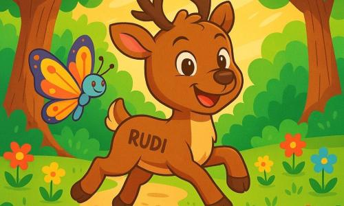 Un piccolo renna di nome Rudi, con un morbido manto marrone e occhi scintillanti di determinazione, corre felicemente attraverso una foresta incantata. Le sue piccole zampe si agitano con entusiasmo e il suo sorriso radioso mostra la sua gioia e fiducia. Accanto a lui, una piccola farfalla dalle ali colorate, delicate e scintillanti, vola con grazia, incoraggiando Rudi con uno sguardo ammirato. La foresta è piena di alberi maestosi con tronchi spessi e foglie verdi brillanti, mentre fiori multicolori punteggiano il terreno, creando un quadro vivace e gioioso. Rudi si allena a correre, saltando con agilità tra i tronchi degli alberi, mentre la luce del sole filtra tra i rami, illuminando la scena con una dolce luce dorata.