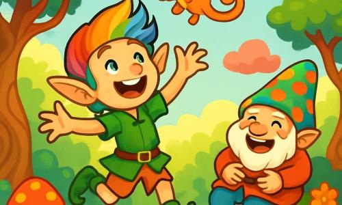 Un elfo gioioso, di nome Zefiro, con orecchie a punta e capelli colorati come un arcobaleno, salta con entusiasmo in una radura soleggiata. Il suo viso è illuminato da un grande sorriso, i suoi occhi brillano di eccitazione mentre cerca di catturare una puzzola volante. Vicino a lui, Poldo, un gnometto paffuto e divertente con un grande cappello a pois multicolori, ride a crepapelle, seduto su una grossa pietra coperta di muschio verde, circondato da fiori vivaci. Il luogo è il magico Bosco delle Puzzole Volanti, dove gli alberi hanno tronchi attorcigliati e foglie che sembrano danzare nel vento. Zefiro cerca disperatamente di afferrare una puzzola che svolazza intorno a lui, mentre Poldo, divertito, osserva la scena ridendo della situazione comica.