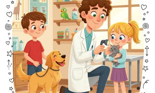 Dr. Oliver, a smiling, focused veterinarian with curly brown hair and green eyes, kneels in a warm, bright exam room to gently examine a tiny gray kitten with a small lamp; Lily, about 10 with a blonde ponytail and blue eyes, holds the kitten Whisper protectively; Tom, about 10 with short brown hair and a red T-shirt, holds the leash of a happy golden retriever named Max wagging at the group's left; a small green parrot, Rufus, perches on a colorful shelf behind them, while cream walls, wooden shelves with jars and instruments, an exam table and soft sunlight through a large window create a reassuring, tender atmosphere.