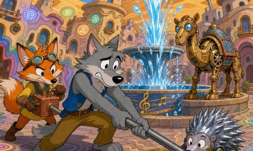 El personaje principal es un pequeño lobo antropomórfico de pelaje gris claro, ojos redondos, expresión inquieta pero decidida, que tira con todas sus fuerzas de una gran palanca de metal junto a una fuente; detrás, Zuri, un zorro inventivo naranja de ojos pícaros sostiene una caja de cobre con una manivela listo para ayudar; en el borde de la fuente, Kiri, un camello-autómata de latón con engranajes visibles y ojos de cristal observa con calma; un pequeño robot erizo metálico con púas brillantes, sorprendido y culpable, apoya el hocico sobre un panel redondo que se ilumina en espirales; la plaza tiene casas redondas de arena compacta con tejados curvos y rejillas que soplan brisas plateadas, dunas doradas de fondo y una fuente musical en el centro; paneles redondos con símbolos luminosos flotan como auroras y las fachadas se estiran y encogen como en un dibujo animado; el panel activado hace vibrar la ciudad viviente: colores ondulantes, casas que se retuercen suavemente y los personajes se esfuerzan juntos por devolver todo a la normalidad.
