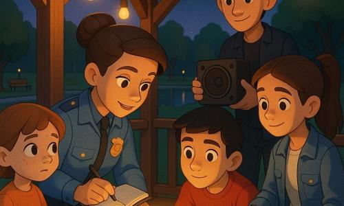 A female police officer in her early 30s with brown hair in a bun, a gentle focused expression and a light-blue police jacket with badge, leaning to show how to reconnect a loose electrical cable while holding a small open notebook and pen; a curious 7-year-old girl with fair skin and freckles and short light-brown hair watches from the edge with hands clasped; a 17-year-old boy with short black hair in a red T‑shirt crouches holding the cable and looks attentively at the officer; a 16-year-old girl with long hair in a ponytail and a denim jacket helps hold a technical sheet; an 18-year-old taller boy wearing a cap stands behind holding a small speaker; the scene is a small wooden bandstand in a park at dusk with waxed boards, hanging warm-bulb lamps, visible cords, green lawn, trees, benches and a distant shimmering pond; the officer calmly explains how to fix the loose cable so the lamp stops flickering, warm light stabilizes, visual focus on the hands reconnecting the plug and the relieved faces; style: saturated colors, sharp cel-shading shadows, soft lines, reassuring clear atmosphere.