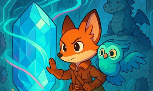 Personagem principal: pequeno raposo antropomórfico de pelo ruivo, olhos grandes e decididos, veste uma jaqueta de couro e uma bolsa, apoiando a pata dianteira direita num grande cristal luminoso, postura concentrada e benevolente; personagem secundária: coruja amiga de penas iridescentes azul-esverdeadas, olhos atentos, pousada no ombro esquerdo do raposo, asas ligeiramente abertas; personagem secundário 2: velho dragão sábio ao fundo, escamas escuras salpicadas de pontos luminosos como constelações, sorriso calmo, empoleirado numa plataforma de pedra flutuante; local: cavidade central do asteroide Luminaris, ampla sala organo-mecânica com paredes de cristal e metal polido, circuitos gravados que brilham, fragmentos de rocha flutuantes e filamentos de energia turquesa e magenta, chão em placas translúcidas a emitir leve brilho; situação: o raposo estabiliza o Coração de Luminaris — um enorme cristal pulsante — fitas de luz giram do cristal até sua pata, o ar chispa com pequenas faíscas douradas, atmosfera de triunfo sereno e magia tecnológica.