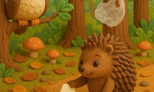 Il protagonista è un piccolo riccio chiamato Rino, modellato in pasta di terra marrone con spine, occhi rotondi e sguardo dolce e determinato, che raccoglie un pezzo di carta con una zampa; sopra il sentiero fluttua un leggero sacchetto di plastica traslucido e spiegazzato che Rino osserva; un gufo secondario in pasta modellabile crema e marrone, dagli occhi grandi e saggi, è appollaiato su un ramo a sinistra e annuisce osservando la scena; sullo sfondo pini dai tronchi texturizzati, foglie secche arancioni e marroni a terra, qualche fungo e piccole pietre e un sentiero di terra ocra; situazione principale: gesto ecologico semplice — Rino raccoglie rifiuti (carta, piccola bottiglia di plastica, sacchetto leggero) per proteggere il bosco, scena calda con colori tenui e forme arrotondate.