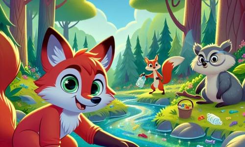 Roco, un joven renfox de pelaje rojo brillante y ojos curiosos, se encuentra en el centro de la escena, sonriendo con determinación. Está recogiendo desechos coloridos en un arroyo, sus pequeñas patas ágiles hurgando en el agua clara y brillante. A su lado, Chispa, una ardilla traviesa con pelaje marrón y cola esponjosa, salta alegremente, sosteniendo una botella de plástico en sus pequeñas patas. Muestra una gran sonrisa, llena de entusiasmo por ayudar. Un poco más lejos, Sabio, un viejo búho sabio con plumas grises y ojos penetrantes, observa la escena desde una rama baja, con una expresión seria pero alentadora, listo para dar consejos. El lugar es una hermosa clariana del bosque de Verdejante, rodeada de árboles majestuosos con hojas verdes vibrantes y flores coloridas esparcidas por el suelo. El arroyo, de aguas cristalinas, serpentea a través de la escena, reflejando el cielo azul y soleado. La situación principal muestra a Roco y sus amigos en plena acción, uniendo fuerzas para limpiar el arroyo, transformando su entorno en un lugar más saludable y alegre, mientras celebran el espíritu de camaradería y protección de la naturaleza.