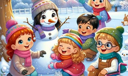 In een besneeuwd park spelen vijf kinderen samen. Emma, een zesjarig meisje met bruin haar en sprankelende ogen, bouwt enthousiast een sneeuwman met een grote glimlach op haar gezicht. Naast haar lacht Jasmin, een meisje met krullend blond haar, terwijl ze een kleurrijke sjaal aan de sneeuwman toevoegt. Lucas, een jongen met kastanjebruin haar en een bril, kijkt nieuwsgierig naar de voetafdrukken in de sneeuw met verwonderde ogen. Amir, een jongen met zwart haar en een rode pet, wijst op konijnenpootafdrukken in de sneeuw, helemaal opgewonden. Ten slotte glimlacht Sophie, een klein meisje met steil bruin haar, terwijl ze in haar mooie rolstoel zit en haar vrienden aankijkt, met een pakje sneeuwvlokvormige koekjes in haar handen.

Het park is een betoverend winterlandschap, met majestueuze bomen bedekt met glinsterende sneeuw, zachte sneeuwvlokken die rustig uit de heldere blauwe lucht vallen, en glooiende heuvels waar de kinderen kunnen glijden. In de verte staat een oude eik met takken vol sneeuw, wat een magische sfeer creëert.

De kinderen ontdekken een klein pakketje verstopt onder een boom, met koekjes in de vorm van sneeuwvlokken, en ze besluiten hun vondst te delen met alle andere kinderen in het park, waardoor ze de vreugde en magie van de winter verspreiden.