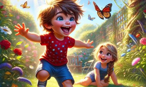 A 2-year-old boy, Timmy, with messy brown hair and a bright smile, joyfully runs in a sunny garden, arms open as if trying to catch a butterfly. He wears a red t-shirt with stars and blue shorts, and his cheeks are flushed with excitement. Next to him, a 2-year-old girl, Mia, has long braided blonde hair and sparkling eyes. She sits on the green grass, hands on her knees, watching a beautiful butterfly with colorful wings flying around them. The garden is filled with vibrant flowers like roses, daisies, and sunflowers, and a large shady tree stands in the background, its leaves gently dancing in the wind. The main scene shows Timmy and Mia laughing together, chasing the butterfly that flies away, symbolizing their new friendship and the joy of playing together in this enchanting setting.
