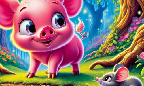 Un pequeño cerdito llamado Tobías, con un pelaje rosa brillante y ojos llenos de curiosidad, está al borde de un estanque mágico. Tiene una expresión de alegría y asombro en su rostro, y su colita moviéndose delata su emoción. A su lado, un ardiente ratón gris, con orejas redondas y una sonrisa traviesa, observa el reflejo del cerdito en el agua, con sus patas delanteras apoyadas en una piedra. Al fondo, un hermoso bosque encantado se extiende, con árboles de troncos retorcidos y hojas verdes brillantes, mientras flores coloridas bailan al viento alrededor del estanque. La escena irradia una atmósfera de magia y aventura, donde Tobías, el valiente cerdito, descubre las maravillas del mundo que lo rodea.