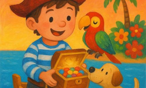 Un joven pirata sonriente y maravillado sostiene una pequeña caja brillante abierta; lleva sombrero rojo gastado, camisa de rayas azul y blanca, cinturón de cuero y botas marrones. Un loro llamado Paco, de plumaje verde y rojo, posado en su hombro derecho, canta mirando la caja. Un perro macho llamado Max, de tamaño mediano y pelaje beige, mueve la cola junto al pirata y olfatea la caja. El barco es pequeño de madera clara con velas blancas, timón redondo y jarcias visibles. Al fondo, una isla baja con grandes flores coloridas y una palmera; el mar es azul claro con pequeñas olas brillantes. El cielo al atardecer en tonos naranjas y rosas, luz cálida que ilumina los rostros. Escena principal: el pirata abre una caja llena de caramelos coloridos; expresión de alegría y reparto entre amigos, composición simple y legible para niños pequeños.