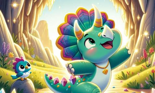 Trixie, a cheerful triceratops with three large horns and a colorful frill, dances with a big smile in a magical cave filled with bright, sparkling stones. Her scales are a vibrant green, and her eyes sparkle with wonder. At the cave entrance, a small blue bird named Pico, curious and friendly, watches Trixie with fascination, gently flapping his little wings while perched on a stone, ready to take flight. The cave is surrounded by rock walls adorned with glowing crystals, and outside, colorful flowers and tall grasses sway in the gentle breeze. Sunlight streams through the entrance, bathing the scene in golden light. In this main scene, Trixie discovers the beauty of the magical cave, joyfully dancing among the sparkling stones while Pico encourages her from his perch.