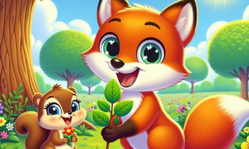 Un pequeño zorro llamado Félix, con un pelaje naranja brillante y ojos llenos de curiosidad, está plantando un brote en un jardín soleado. Sonríe con entusiasmo y determinación. A su lado, una pequeña ardilla llamada Sofía, con pelaje marrón y una cola esponjosa, lo anima con una mirada alegre, sosteniendo una flor colorida en sus pequeñas patas. El jardín está rodeado de árboles majestuosos con hojas verdes brillantes y flores multicolores, creando una atmósfera alegre y acogedora. El cielo es azul, con algunas nubes blancas, y los rayos del sol iluminan la escena, brindando calor estival. Félix y Sofía trabajan juntos para plantar árboles y flores, simbolizando su compromiso de cuidar su bosque y disfrutar del verano juntos.
