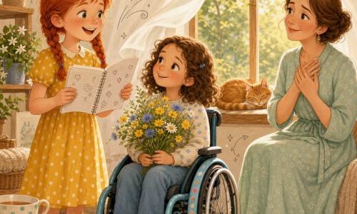 Three characters: Ruby, about 8, red hair in braids, freckles, yellow polka-dot dress, left of frame holding an open notebook and reading a poem with a big smile; Lila, about 8, curly brown hair, light blue decorated wheelchair center, offering a wildflower bouquet (yellow buttercups, white daisies, a few cornflowers) and looking at Ruby with admiration; Mrs. Bennett, about 35, fair skin, chestnut hair, mint house dress, right by the window with hands on her heart and teary, joyful eyes. Setting: bright living room by a large open window with light white curtains, a light wood windowsill with a sleeping ginger cat (Marmalade), warm parquet floor, small table with a polka-dot teacup and a plate of pancakes, potted fern and jasmine on a shelf. Main scene: tender, joyful Mother's Day gift moment—Ruby reads a poem, Lila gives the bouquet, the mother is moved; warm late-afternoon golden light, soft pastel colors, visible paper and petal textures, gentle naive illustrative style with small heart and star doodles around them.