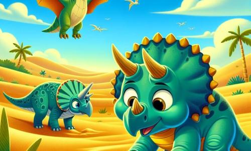Um jovem tricerapto chamado Tiro, com pele verde brilhante e folhas de carvalho nas costas, observa com admiração uma pedra preciosa azul brilhante que ele encontrou na areia. Seus grandes olhos redondos expressam curiosidade e excitação, enquanto usa seus poderosos chifres para cavar no solo. Ao seu lado, um pterodáctilo chamado Ptero, com asas coloridas e bico afiado, voa em círculos acima dele, observando atentamente a cena e pronto para ajudar seu novo amigo. Não muito longe, um estegossauro chamado Stego, com placas dorsais em forma de escudo, está em uma pequena colina, sorrindo e incentivando Tiro em sua busca. O cenário é um vasto deserto pré-histórico, com dunas de areia dourada se estendendo até onde a vista alcança, salpicadas de algumas palmeiras e um céu azul brilhante. A cena principal mostra Tiro descobrindo a pedra preciosa, símbolo de uma aventura que os levará a um tesouro escondido, enquanto seus amigos o incentivam a explorar mais.
