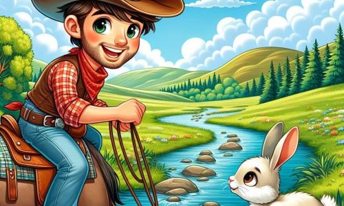 Un cowboy pe nume Alex, de aproximativ 30 de ani, cu un zâmbet larg și ochi strălucitori, poartă o pălărie de cowboy maro, o cămașă în carouri roșii și o pereche de blugi uzați. El traversează un pârâu călare, având pe față o expresie de bucurie și aventură. Lângă el, un iepuraș alb, cu urechi mari și ochi curioși, îl privește cu recunoștință, stând pe marginea pârâului, pregătit să-l urmeze. Peisajul este o pajiște verde, presărată cu flori colorate sub un cer albastru strălucitor, cu nori albi plutind ușor. În fundal, se văd coline blânde și o pădure deasă la orizont. Situația principală îl arată pe Alex ajutând iepurașul să traverseze pârâul pentru a-și găsi drumul spre casă, ilustrând un moment de camaraderie și curaj într-un cadru natural încântător.
