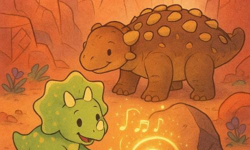 Tilo, ein fröhlicher, neugieriger kleiner Triceratops mit hellgrüner, gelb gesprenkelter Haut, drei runden Hörnern und herzförmigem Kragen, legt lächelnd bunte Kiesel in die Spirale eines großen Felsens, während Lira, eine robuste, wohlwollende Ankylosaurin mit braun-goldenen Platten und breiter Keule, schützend hinter ihm den Kopf neigt; die Szenerie im Reich der roten Felsen zeigt ockerrote Klippen, violette Blumen und kleine orange Eidechsen, und im magischen Moment erglänzt die Felsenspirale golden, lichtumwobene Noten und feine Funken füllen die Höhle in friedlicher, staunender Atmosphäre.