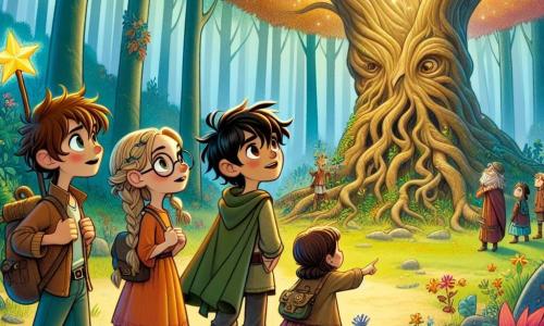 En un claro del misterioso Bosque de los Sueños, cuatro amigos están juntos. Lucas, un niño de 10 años con cabello castaño alborotado y ojos llenos de curiosidad, está de pie a la izquierda, con los brazos cruzados, mirando con asombro al gran árbol sabio. A su lado, Sofía, una niña de 9 años con trenzas rubias y gafas redondas, señala el viejo roble, su rostro iluminado por el descubrimiento. Mateo, un niño de 10 años con cabello negro y una sonrisa traviesa, está un poco más atrás, con las manos en los bolsillos, observando atentamente el tronco del Sabio. Finalmente, Valentina, una niña de 9 años con cabello castaño y una bonita sonrisa, se encuentra cerca de su bastón decorado con estrellas, escuchando con atención las palabras del sabio. El lugar es un claro encantador, rodeado de grandes árboles con hojas de colores que bailan al viento. Flores cantantes de colores vivos cubren el suelo, y piedras brillantes parecen estrellas caídas del cielo. En el centro, un majestuoso roble de tronco grueso y nudoso, con ramas extendidas como brazos acogedores, parece ser el guardián de los secretos del bosque. La situación principal muestra a los niños escuchando al Sabio, un árbol antiguo que les habla sobre la libertad, la justicia y la amistad. Las caras de los niños expresan curiosidad y asombro, mientras el sol poniente ilumina la escena con una suave luz dorada, creando una atmósfera mágica e inspiradora.