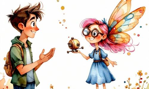 Clara, inventora sonriente y maravillada, pelo color amanecer (mechas rosas y naranjas), ojos avellana, vestido azul manchado de pintura y gafas redondas en la cabeza, sostiene delicadamente su pequeña máquina volante de cobre con alas de papel que flota sobre su mano; a la izquierda, Pablo (unos 22 años), pelo castaño despeinado y chaqueta verde con bolsillos, aplaude desde unos pasos; a sus pies, la gata Lila, pelaje atigrado rojizo y ojos verdes, levanta la pata; al fondo, una media luna de vecinos sonrientes (niños y adultos) con ropas coloridas y cestas floridas aplaude en un jardín; el lugar es un viejo castillo convertido en taller, paredes de piedra claras con pósteres y herramientas y grandes ventanas arqueadas que dejan entrar luz dorada; la escena muestra la máquina voladora con alas de papel y engranajes visibles, pequeñas chispas y un ambiente cálido y optimista en tonos pastel acuarelados.