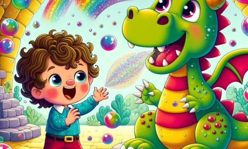 Un bambino di 2 anni di nome Leo, con capelli ricci e occhi scintillanti di curiosità, si trova al centro dell'immagine, sorridendo ampiamente e alzando una mano in aria, tenendo una bacchetta magica scintillante. Alla sua destra, un grande drago color arcobaleno, con squame brillanti e occhi rotondi e amichevoli, sta ridendo, con le grandi ali spiegate, creando una pioggia di bolle colorate attorno a loro. Lo sfondo è una caverna magica, con muri scintillanti di cristalli multicolori, stalattiti che brillano come stelle e un pavimento coperto di muschio verde e morbido. La scena principale mostra Leo e il drago in festa, circondati da bolle che danzano nell'aria, mentre il drago ha appena starnutito, riempiendo la caverna di risate e magia.