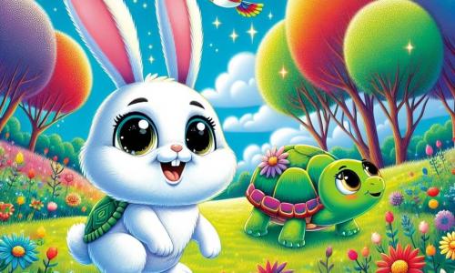 Ilustración que representa un pequeño conejo blanco, con grandes orejas y ojos negros que brillan de curiosidad. Está saltando alegremente en medio de un campo de flores coloridas, su pelaje brilla bajo la luz del sol, con una amplia sonrisa en su rostro. Cerca, una tortuga verde, con un caparazón adornado de flores, avanza lentamente pero con determinación, mostrando una expresión concentrada mientras mira al conejo con admiración. Un pájaro de plumas rojas y azules, posado en una rama, canta alegremente, con ojos brillantes de alegría y emoción. El lugar principal es un gran campo vibrante de colores, donde árboles de troncos multicolores se elevan majestuosamente. Flores cantantes de tonos brillantes bailan al compás del viento, creando una atmósfera mágica y encantadora. La situación principal muestra al pequeño conejo y sus amigos en busca de la misteriosa Estrella Brillante, con destellos de luz que iluminan el campo, simbolizando la aventura que les espera. Elementos adicionales incluyen mariposas coloridas revoloteando alrededor de los personajes, nubes suaves y esponjosas en el cielo azul, y rayos de sol filtrándose a través de las ramas de los árboles, añadiendo un toque de magia a esta escena de aventura.