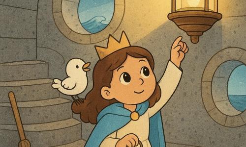 La princesa Alba está en el centro con rostro redondo y ojos grandes y brillantes, expresión dulce y valiente; lleva una capa azul celeste, un vestido crema sencillo y sostiene una pequeña linterna mientras alza la otra mano hacia la gran lámpara del faro. Un pequeño pájaro blanco y redondeado en su hombro derecho canta y mueve las alas, curioso y alegre. Una vieja escoba de madera con anillos de polvo apoya en la pared junto a la base de la escalera, somnolienta pero protectora. El interior del faro es una gran sala circular con escalera de piedra en espiral, paredes cubiertas de sal y huellas, y ventanas redondas que dejan entrar rayos de luz polvorienta. En un pequeño balcón exterior se ve el mar azul con una ola brillante que deja una gota dorada sobre una roca. La escena muestra el instante en que Alba vierte una gota de aceite dorado en la lámpara gigante y pronuncia una palabra valiente; la luz comienza a encenderse y a proyectar un haz cálido. Colores suaves y contrastes cálidos: tonos azules, crema, dorado y madera envejecida; líneas claras, formas redondeadas y detalles texturizados para un aspecto tierno y accesible.
