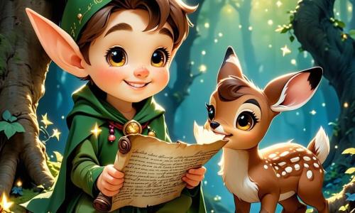 W zaczarowanym lesie mały elf o imieniu Błyszek, z dużymi spiczastymi uszami i złotymi oczami pełnymi radości, trzyma w rękach stary, tajemniczy zwój papieru, wyrażając ekscytację i ciekawość. Obok niego urocza sarenka o imieniu Luna, z miękkim brązowym futrem i błyszczącymi oczami, z zachwytem patrzy na zwój, z uszami w górze i promiennym uśmiechem. Wesoły królik o imieniu Mikołaj, z lśniącym białym futrem i różowymi policzkami, skacze z radości, jego oczy błyszczą szczęściem, wskazując kierunek do domu Świętego Mikołaja. Scena rozgrywa się w magicznym lesie, gdzie płatki śniegu delikatnie opadają z gałęzi pokrytych lśniącym szronem, a kolorowe światła oświetlają otoczenie, tworząc świąteczną i ciepłą atmosferę. W tle wznosi się duże czerwone drzwi ozdobione girlandami bożonarodzeniowymi, symbolizujące wejście do domu Świętego Mikołaja. Główna sytuacja pokazuje Błyszka, Lunę i Mikołaja, gotowych wyruszyć na ekscytującą przygodę, zdeterminowanych, by dostarczyć tajemniczą wiadomość do Świętego Mikołaja, podczas gdy magia Bożego Narodzenia ich otacza.