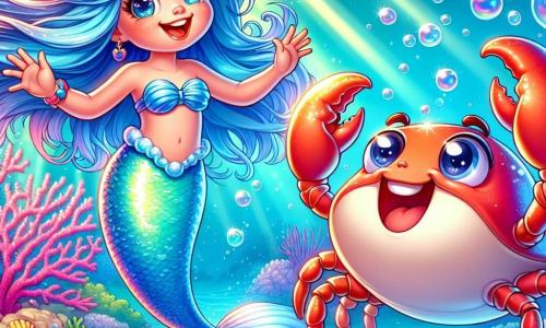 Una sirena gioiosa di nome Luna, con lunghi capelli blu oceano e una brillante coda di pesce argentata, nuota con entusiasmo in acque cristalline. Il suo viso è illuminato da un grande sorriso, i suoi occhi brillano di curiosità e felicità. Accanto a lei, un granchio gigante, con un guscio rosso vivo e grandi chele, ride cercando di ballare nell'acqua, i suoi occhi rotondi e maliziosi riflettono il suo buon umore. Lo sfondo è un magnifico reef corallino, pieno di coralli colorati in rosa, giallo e viola, dove nuotano pesci multicolori e meduse scintillanti. I raggi di sole filtrano attraverso la superficie dell'acqua, creando bagliori luminosi intorno ai personaggi. La scena mostra Luna e il granchio che si divertono insieme, cercando conchiglie colorate sul fondo marino, circondati da bolle d'aria che fluttuano felicemente intorno a loro.