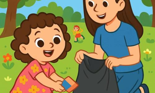 Una niña de 2 años, con grandes ojos brillantes y cabello rizado, sonríe alegremente mientras recoge un trozo de papel de colores del suelo. Lleva un vestido rosa con flores y sandalias amarillas, y su rostro expresa gran orgullo. A su lado, su mamá, una mujer de unos 30 años con cabello largo y liso, lleva una camiseta azul y jeans. Sonríe mientras mira a su hija, sosteniendo una bolsa para basura. El parque es verde, con árboles majestuosos, flores coloridas y un cielo azul brillante. Niños juegan a lo lejos, riendo y corriendo sobre la hierba. En esta escena, la niña y su mamá están limpiando el parque juntas, recogiendo basura para hacerlo más bonito, mientras se divierten y comparten un momento de complicidad.