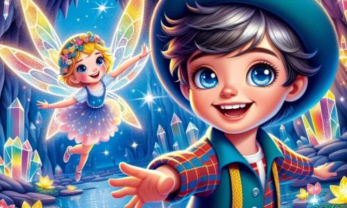 Um homem chamado Léo, com olhos brilhantes como estrelas e um sorriso caloroso, está no centro do palco. Ele usa um chapéu azul vibrante e uma camisa xadrez, e sua expressão é cheia de determinação e bondade. Ao seu lado, a Fada Lili, uma menina com asas cintilantes e um vestido de pétalas de flores, voa alegremente, seus olhos brilhando de gratidão. Ela é cercada por poeira de estrelas que brilha ao seu redor. O cenário é a Gruta dos Espelhos, uma caverna mágica onde as paredes brilham como diamantes e reflexos coloridos dançam nas paredes. Cristais brilhantes pendem do teto, e flores luminosas crescem entre as rochas. A situação principal mostra Léo estendendo a mão para pegar a varinha de luz de Lili, que está presa em uma teia de aranha prateada, enquanto Dona Fia, uma aranha mágica com olhos brilhantes, os observa com um sorriso benevolente. A atmosfera é cheia de magia e aventura, com flashes de luz e cores vibrantes que tornam a cena ainda mais encantada.